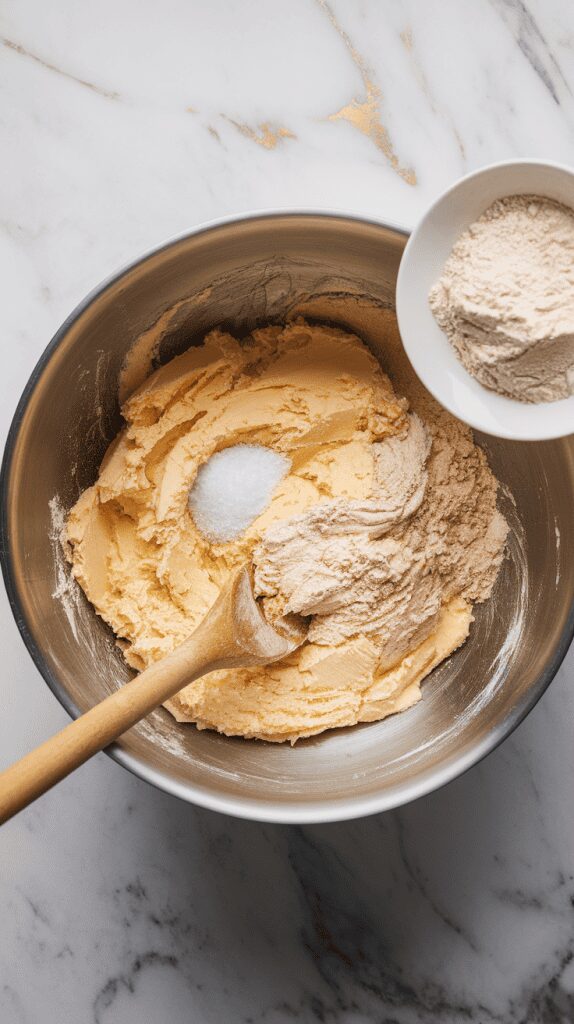 a mixing bowl with soft cookie dough forming as flour and salt are incorporated