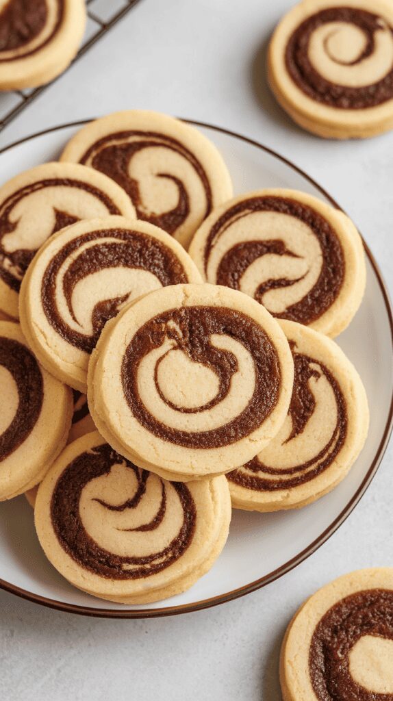 freshly baked Cappuccino Swirl Cookies cooling on a wire rack. The golden edges contrast with the soft swirled centers