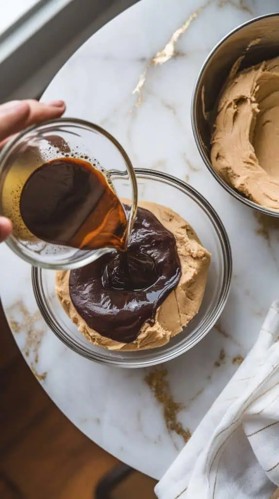 a small bowl with dark espresso-cocoa paste being stirred. Next to it, a mixing bowl with pale cookie dough is being mixed with half of the espresso paste, turning it a rich coffee brown