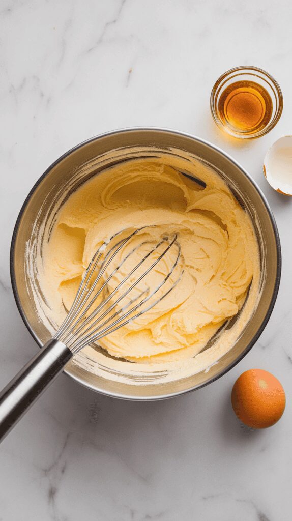 a mixing bowl with softened butter and granulated sugar being creamed together into a fluffy mixture