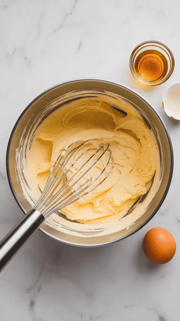 a mixing bowl with softened butter and granulated sugar being creamed together into a fluffy mixture