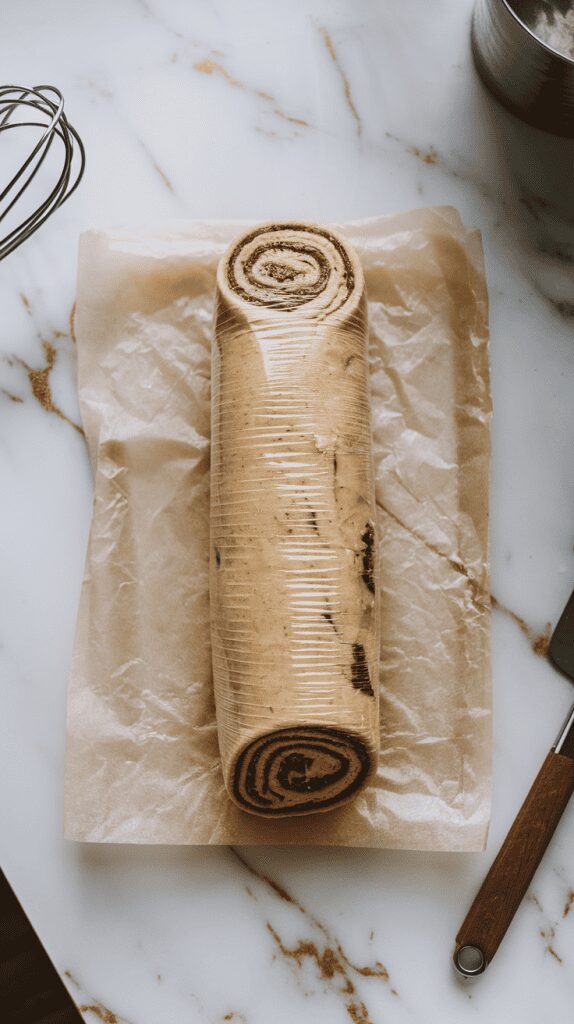 a rolled cookie dough log, tightly wrapped in plastic wrap. The swirl is visible at the end of the log