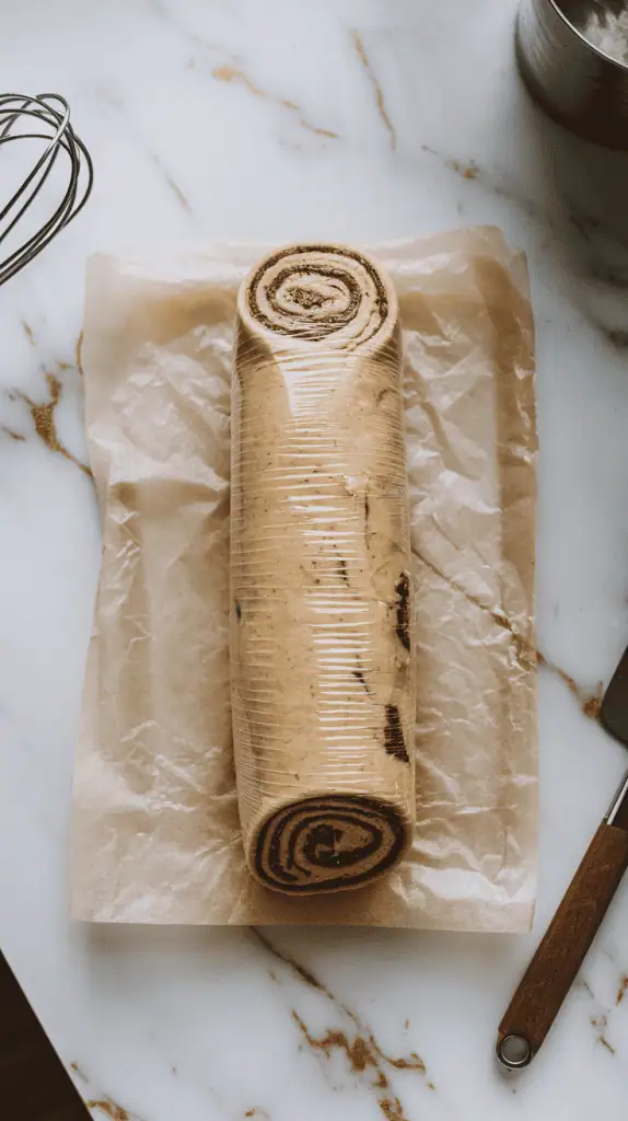 a rolled cookie dough log, tightly wrapped in plastic wrap. The swirl is visible at the end of the log