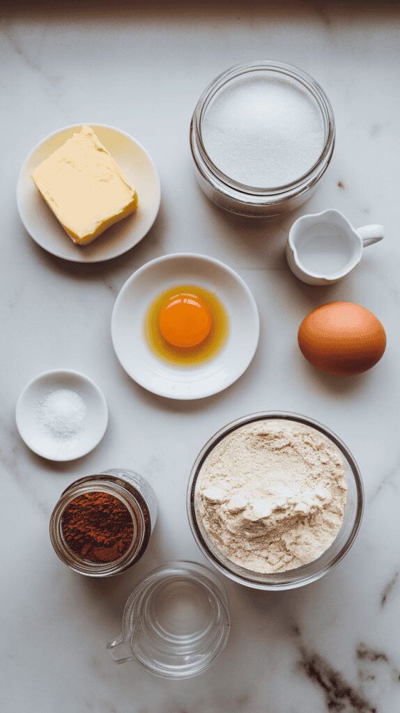 all the ingredients for Cappuccino Swirl Cookies, neatly arranged on a white marble countertop with hints of gold.