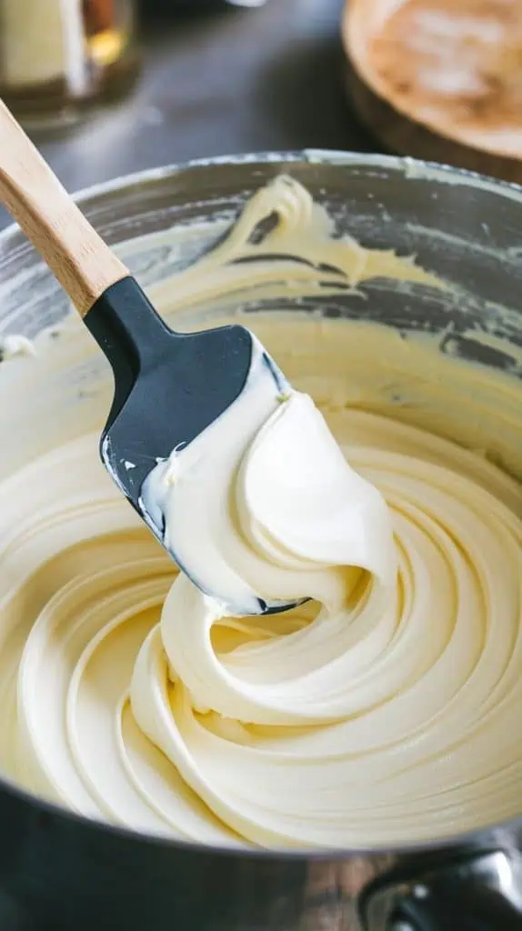 A super close-up shot of a spatula folding soft cream cheese into the warm white chocolate mixture