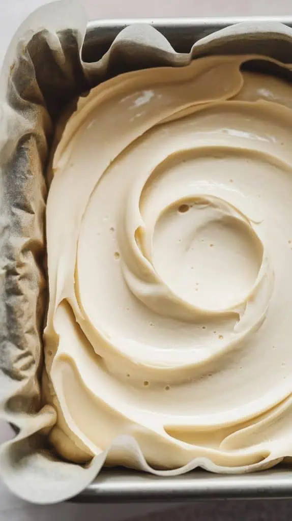 A super close-up shot of a spatula spreading thick cheesecake fudge 