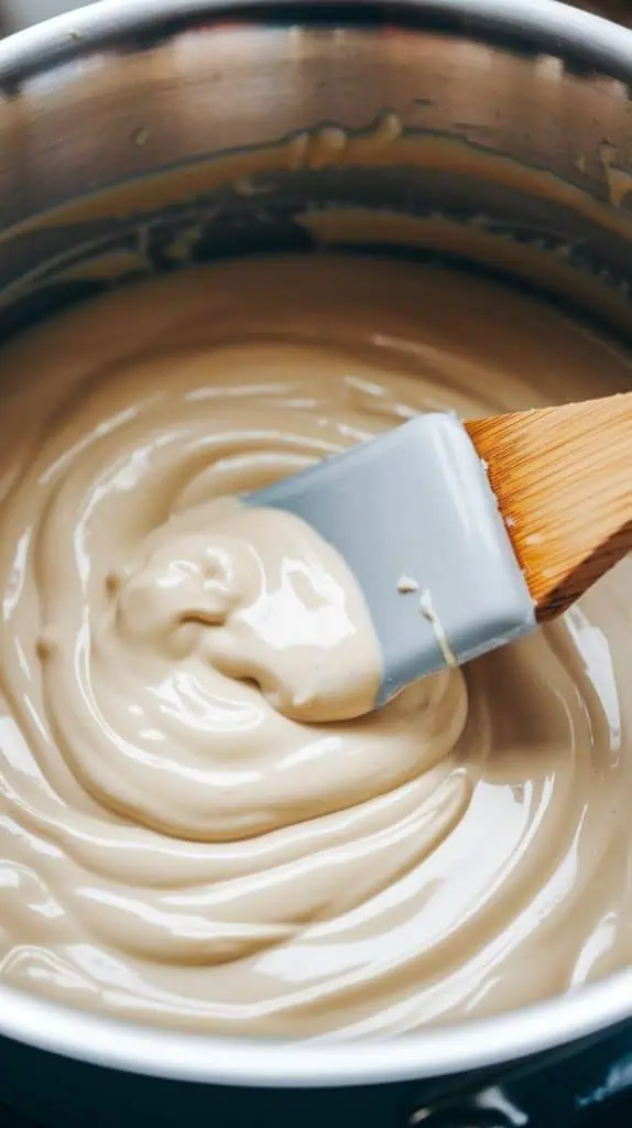 A super close-up shot of a spatula stirring melted white chocolate and sweetened condensed milk 