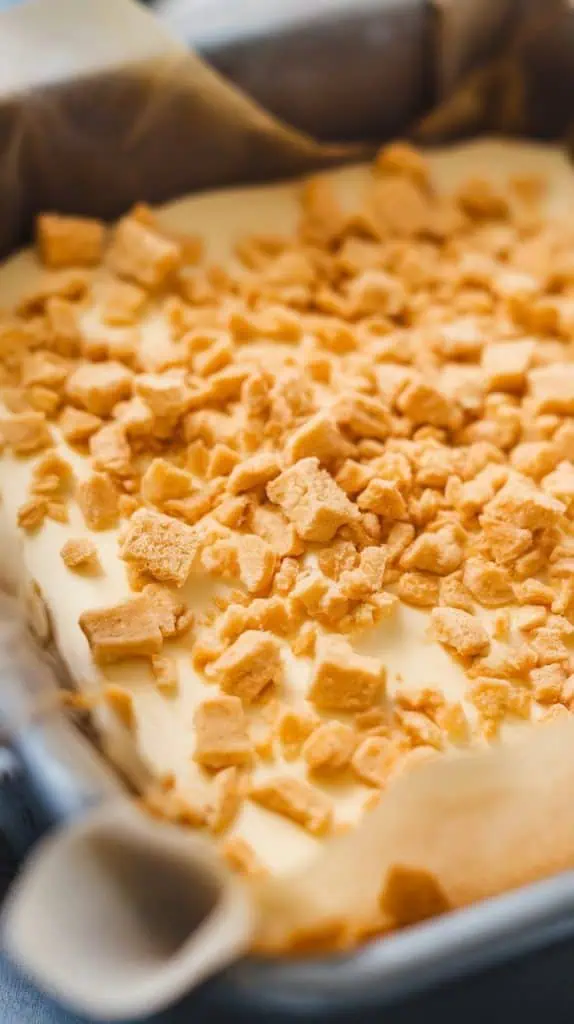 A super close-up shot of crushed graham crackers being sprinkled over the smooth fudge