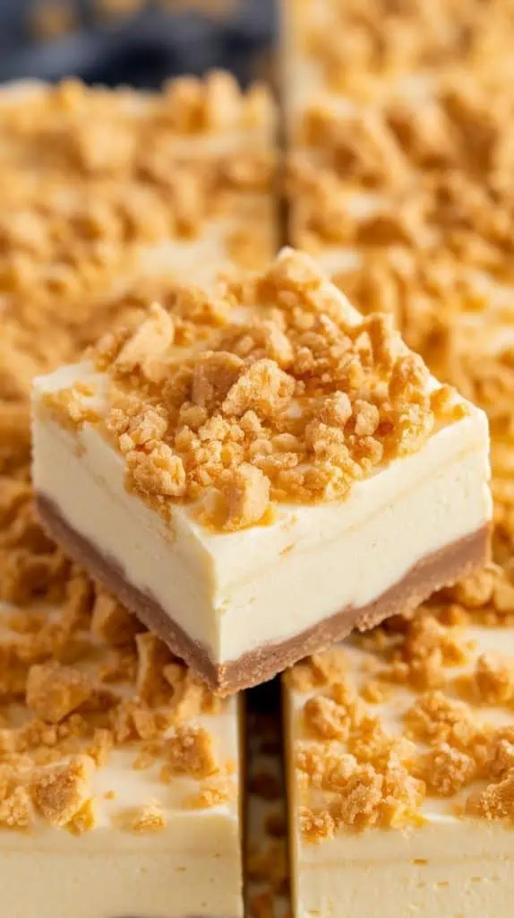 A super close-up shot of Cheesecake Fudge squares stacked on parchment paper,