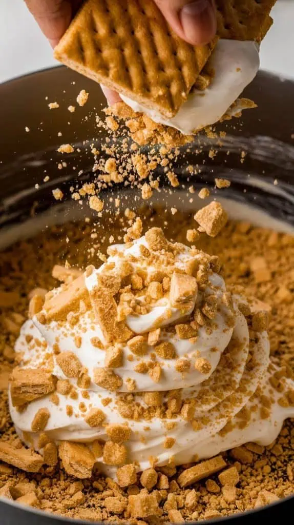 A super close-up shot of crushed graham crackers being sprinkled into the creamy fudge mixture