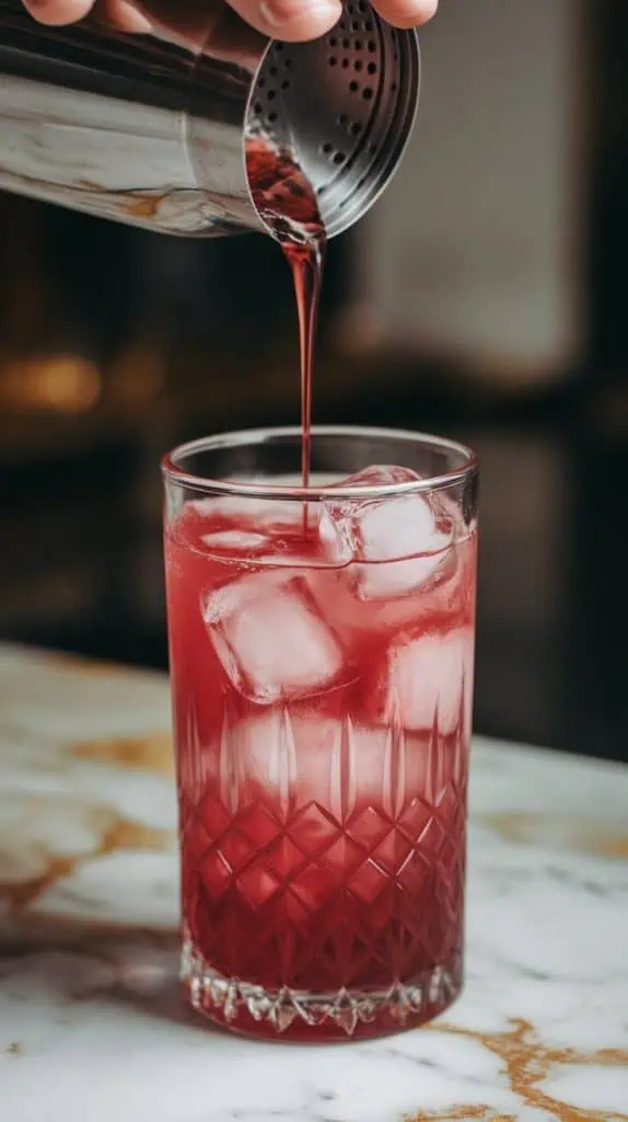 a deep pink cherry blossom cocktail being strained from a shaker into a tall glass filled with fresh ice cubes