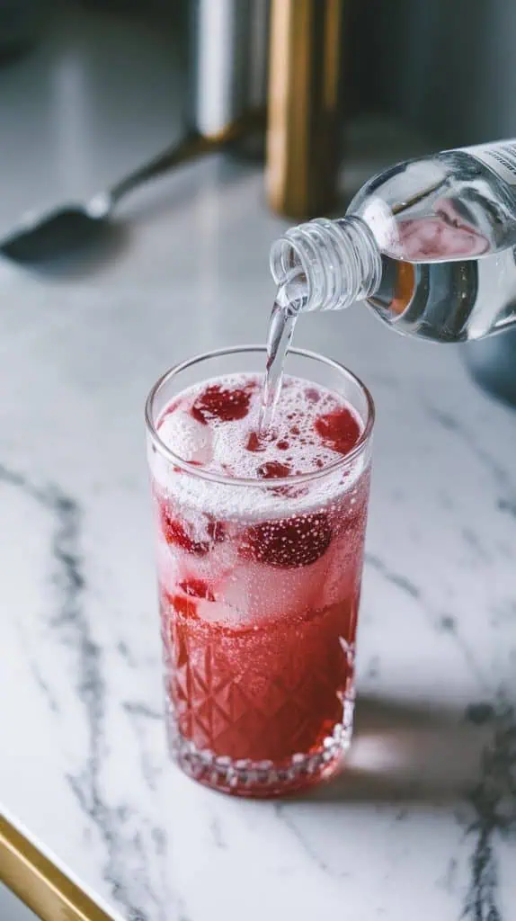 clear sparkling water being poured from a small bottle into the glass, tiny bubbles fizzing up as they mix with the cherry cocktail