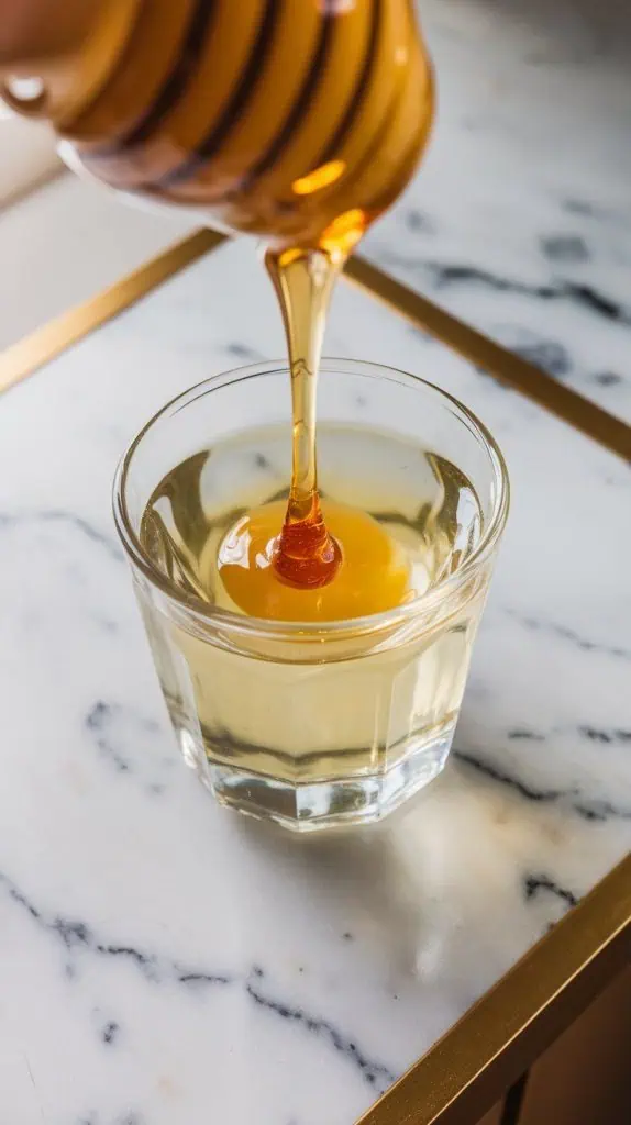 A super close-up shot of golden honey being drizzled into a small glass of warm water, the two mixing together into a smooth syrup