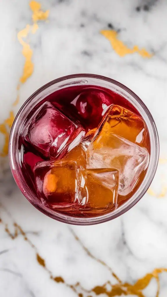 large, clear ice cubes being added into the cocktail shaker, the chilled ingredients swirling inside before shaking