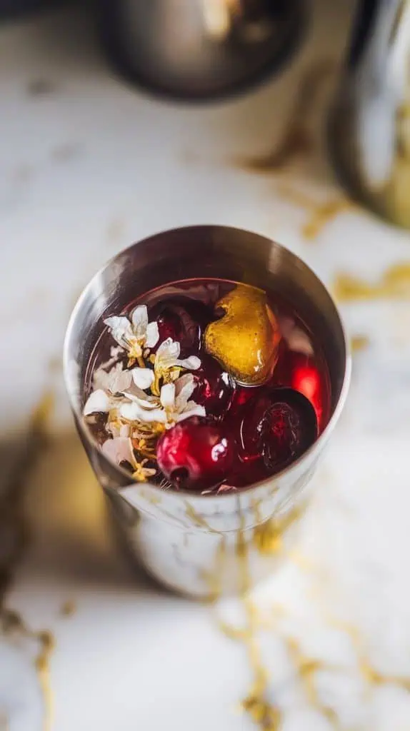 A super close-up shot of a cocktail shaker filled with deep red cherry juice, clear gin, golden elderflower liqueur, fresh lemon juice, and a drizzle of honey syrup