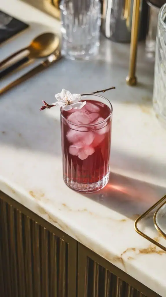 a delicate cherry blossom resting on the rim of a tall glass filled with a pink Cherry Blossom Fizz, with thin cherry slices floating inside
