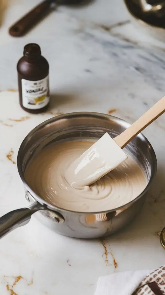 A super close-up shot of a spatula stirring melted white chocolate and sweetened condensed milk in a saucepan
