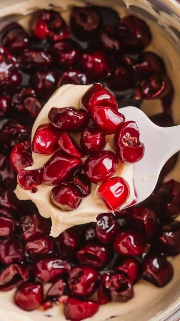 A super close-up shot of chopped maraschino cherries being folded into melted white chocolate with a spatula
