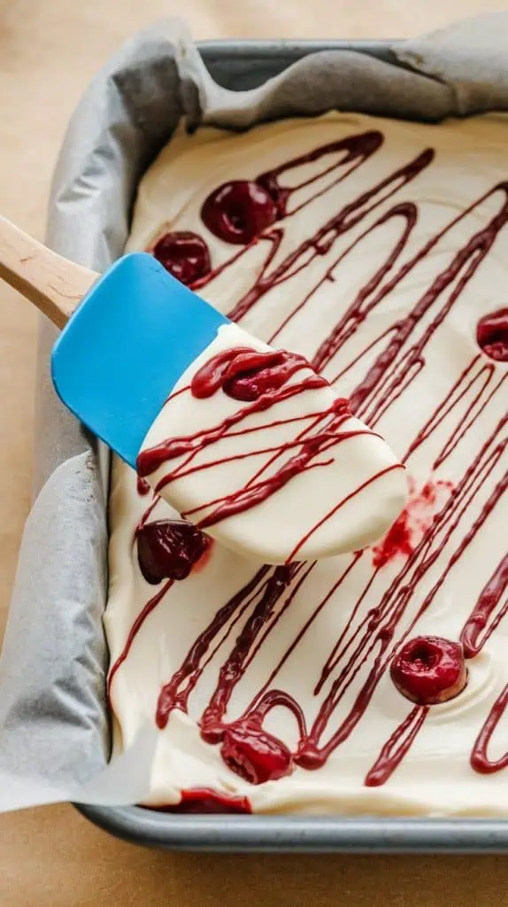 A super close-up shot of a spatula spreading thick white chocolate fudge with cherry streaks into a parchment-lined baking dish.