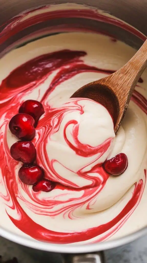 A super close-up shot of a knife swirling bright red cherry juice into creamy white fudge, creating soft streaks of color.