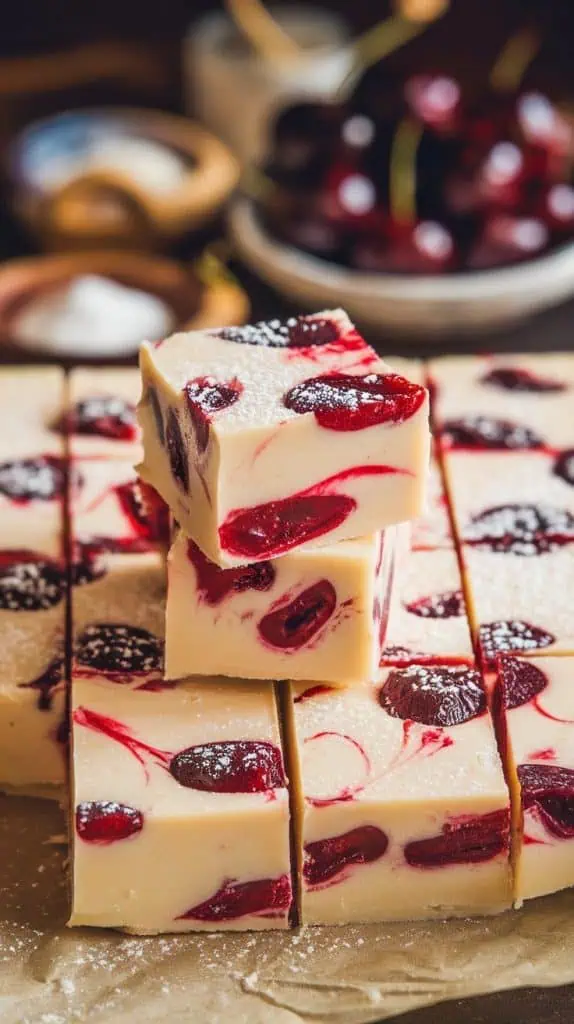 A super close-up shot of Cherry Vanilla Fudge squares stacked on parchment paper, drizzled with melted white chocolate