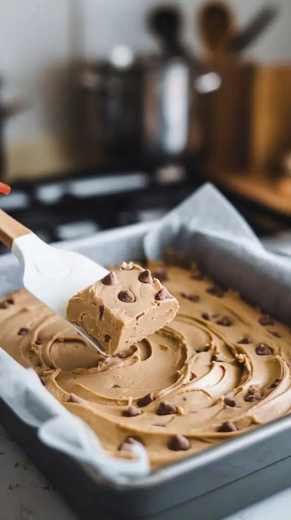 A super close-up shot of a spatula spreading thick cookie dough fudge into a parchment-lined baking dish