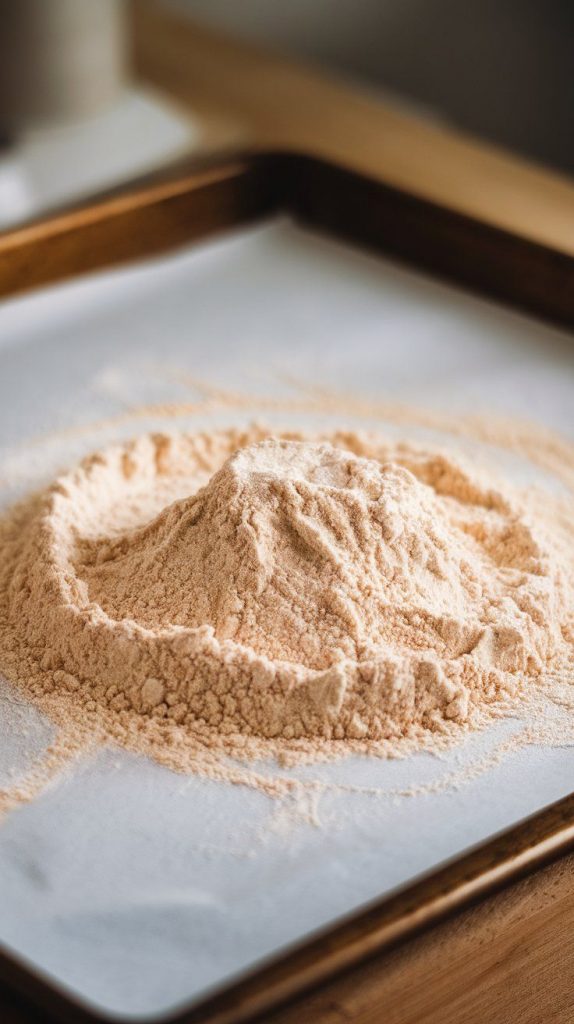 A super close-up shot of heat-treated flour spread on a baking sheet, slightly golden and smooth
