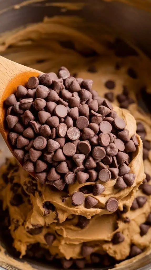 A super close-up shot of mini chocolate chips being folded into the cookie dough fudge mixture