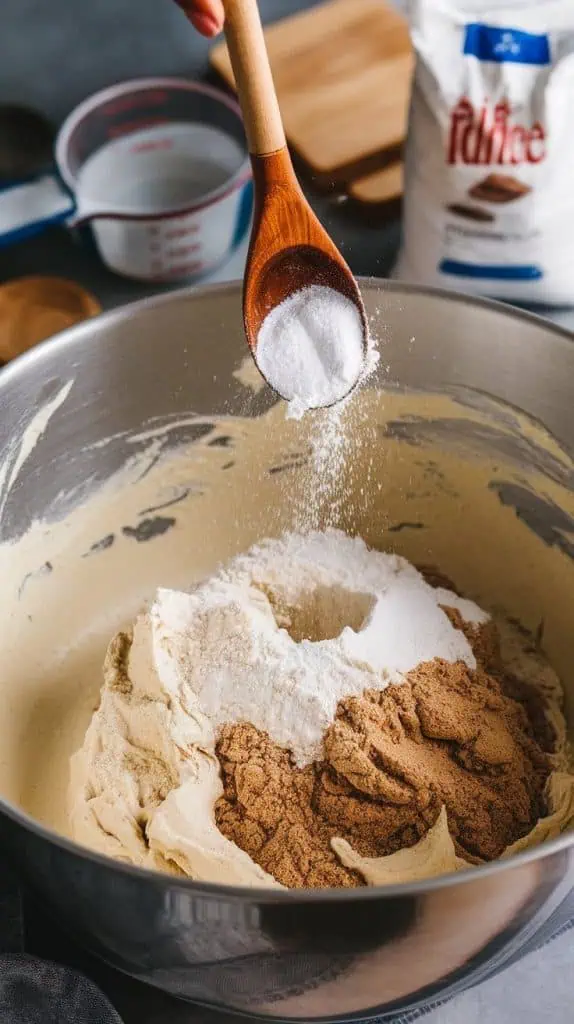 A super close-up shot of brown sugar being stirred into the creamy melted fudge mixture,