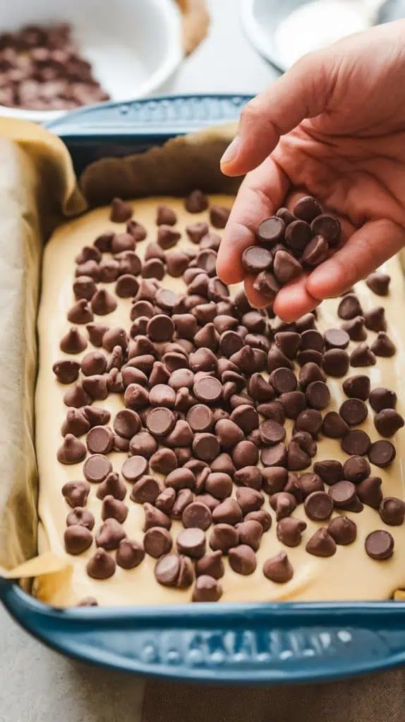 A super close-up shot of extra mini chocolate chips being scattered over the surface of the fudge