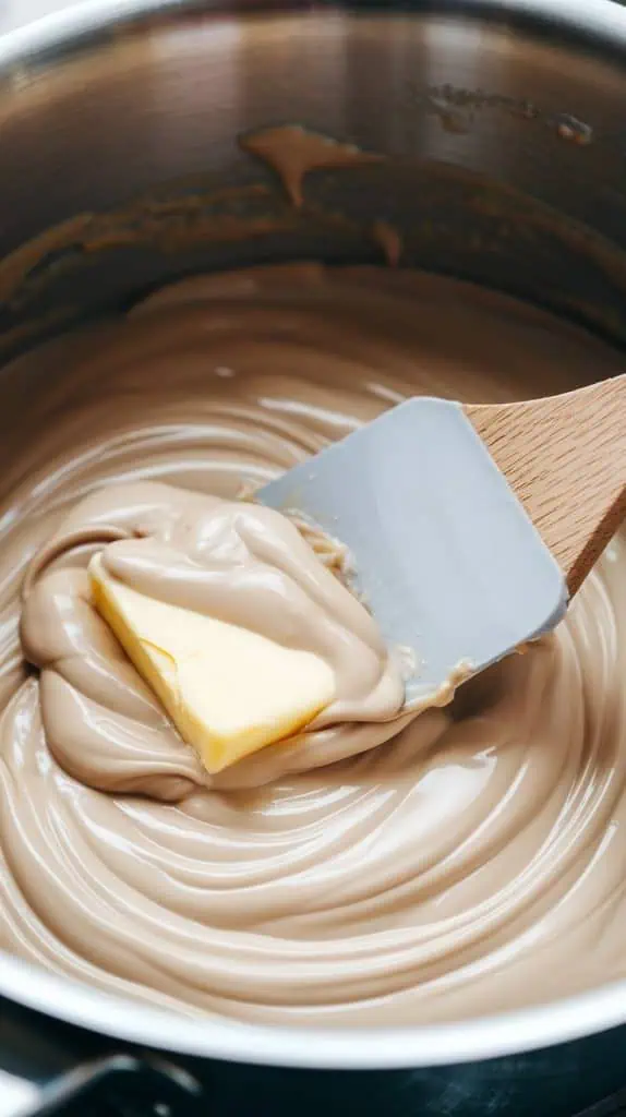 A super close-up shot of a spatula stirring melted white chocolate, sweetened condensed milk, and butter