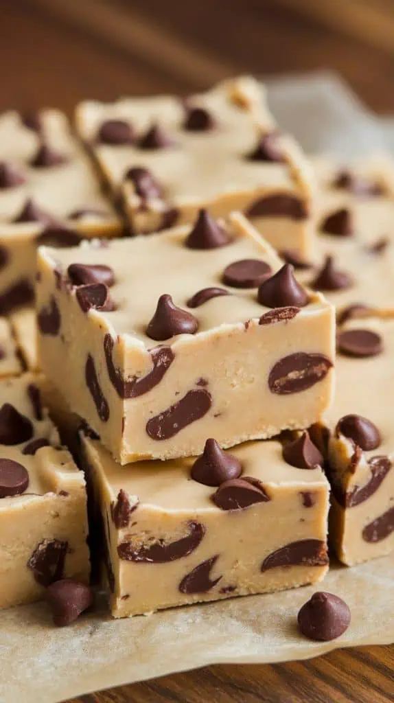 A super close-up shot of Chocolate Chip Cookie Dough Fudge squares stacked on parchment paper