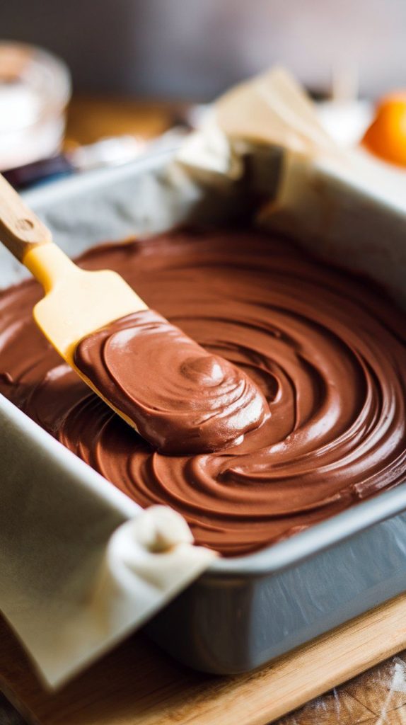 A super close-up shot of a spatula spreading thick chocolate orange fudge