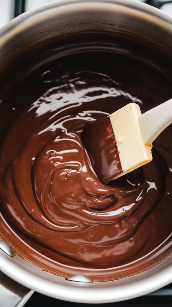 A super close-up shot of a spatula stirring melted dark chocolate, sweetened condensed milk, and butter 