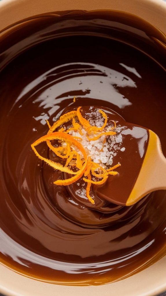  A super close-up shot of bright orange zest being sprinkled into the glossy melted chocolate mixture