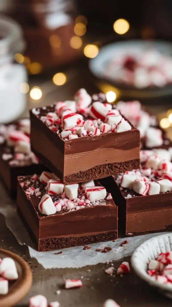 AI Image Generator Prompt: A super close-up shot of Chocolate Peppermint Fudge squares neatly stacked on parchment paper, drizzled with white chocolate and topped with extra crushed peppermint