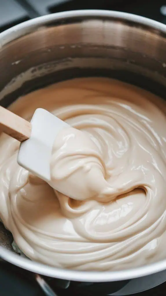 A super close-up shot of a spatula stirring melted white chocolate, sweetened condensed milk, and butter 
