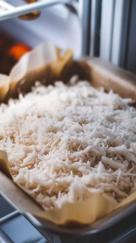 A super close-up shot of a baking dish covered with plastic wrap, resting in the fridge