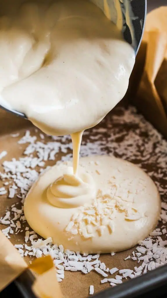 A super close-up shot of a spatula spreading thick coconut fudge into a parchment-lined baking dish