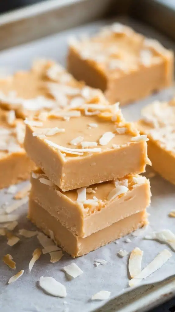 A super close-up shot of Coconut Fudge squares stacked on parchment paper, the edges clean and smooth