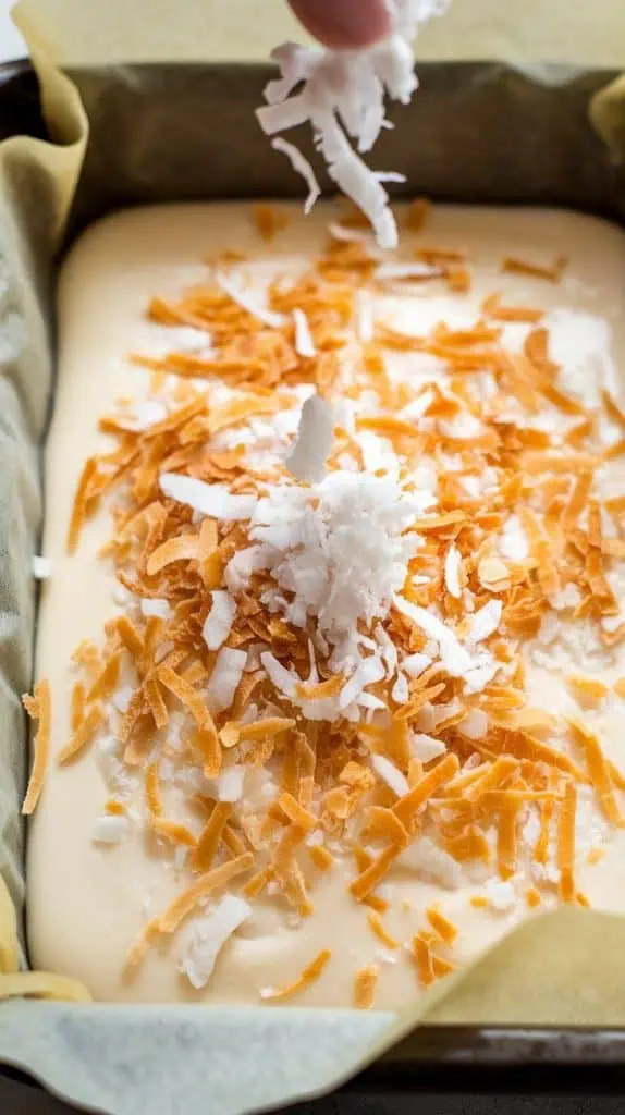 A super close-up shot of shredded coconut being sprinkled over the smooth fudge