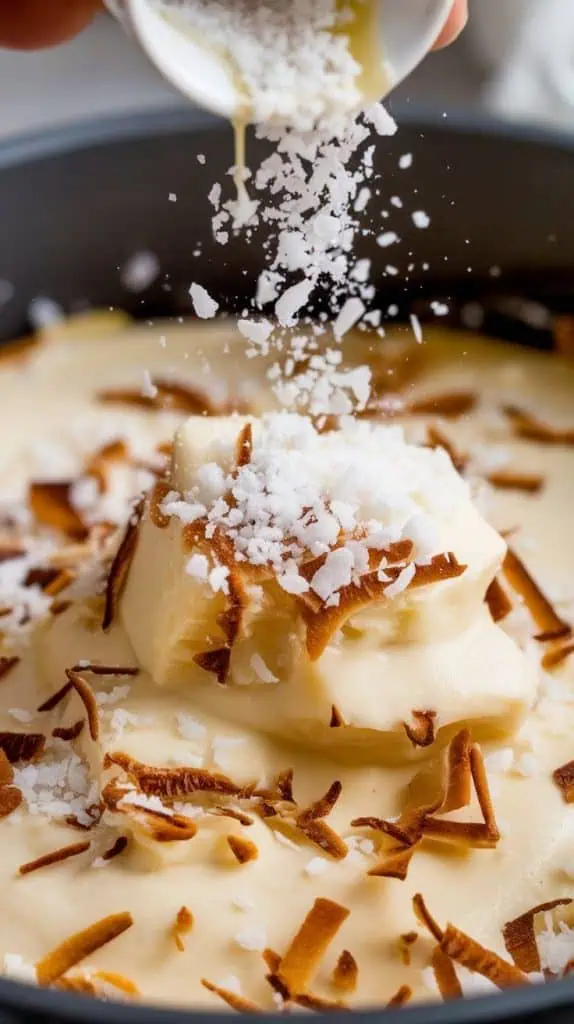 A super close-up shot of shredded coconut being sprinkled into the creamy fudge mixture