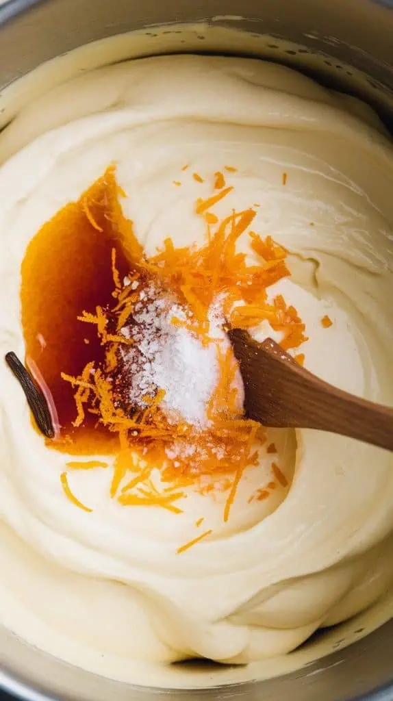 A super close-up shot of a spoon stirring bright orange zest into creamy white fudge mixture