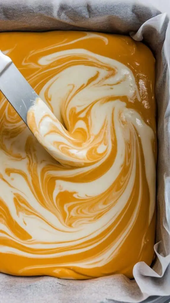 A super close-up shot of a knife swirling white and orange fudge together in a parchment-lined baking dish