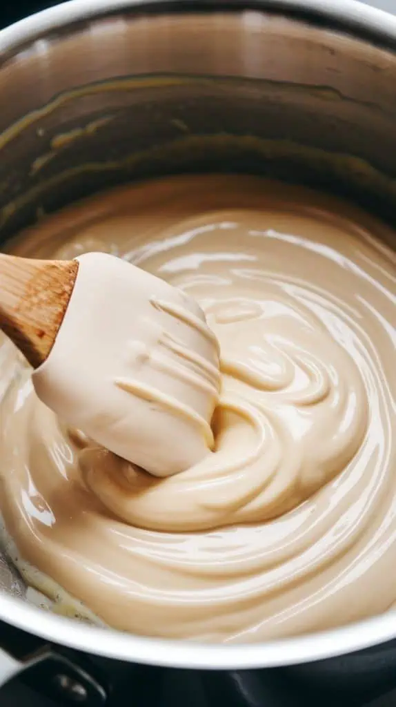 A super close-up shot of a spatula stirring melted white chocolate, sweetened condensed milk, and butter