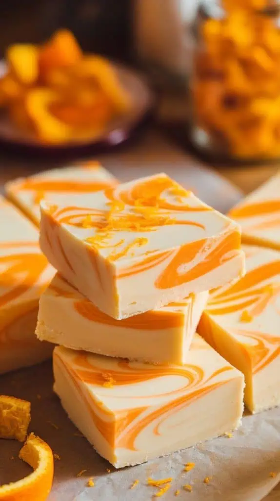 A super close-up shot of Creamsicle Fudge squares stacked on parchment paper