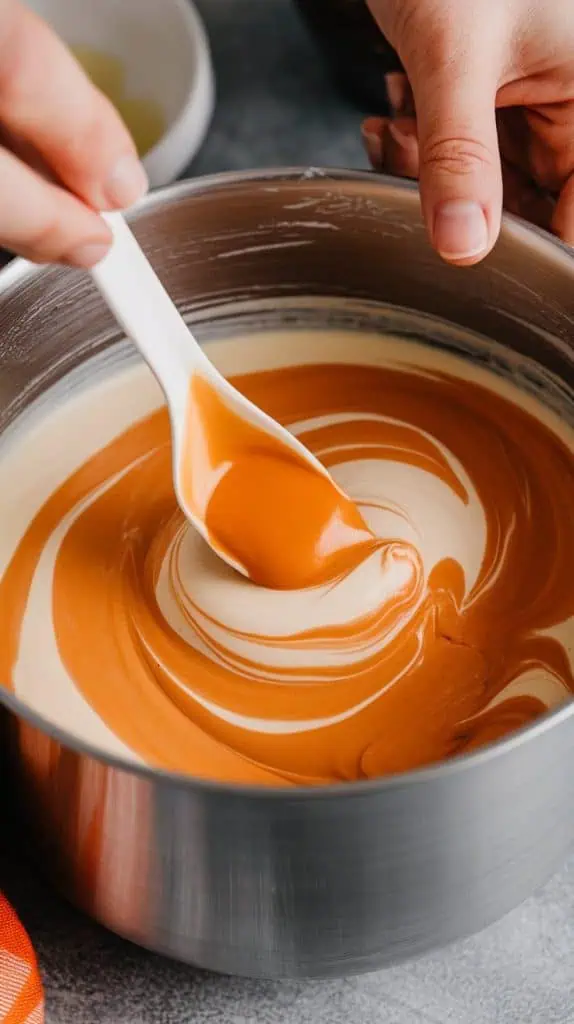  A super close-up shot of orange food coloring being stirred into one half of the creamy fudge mixture