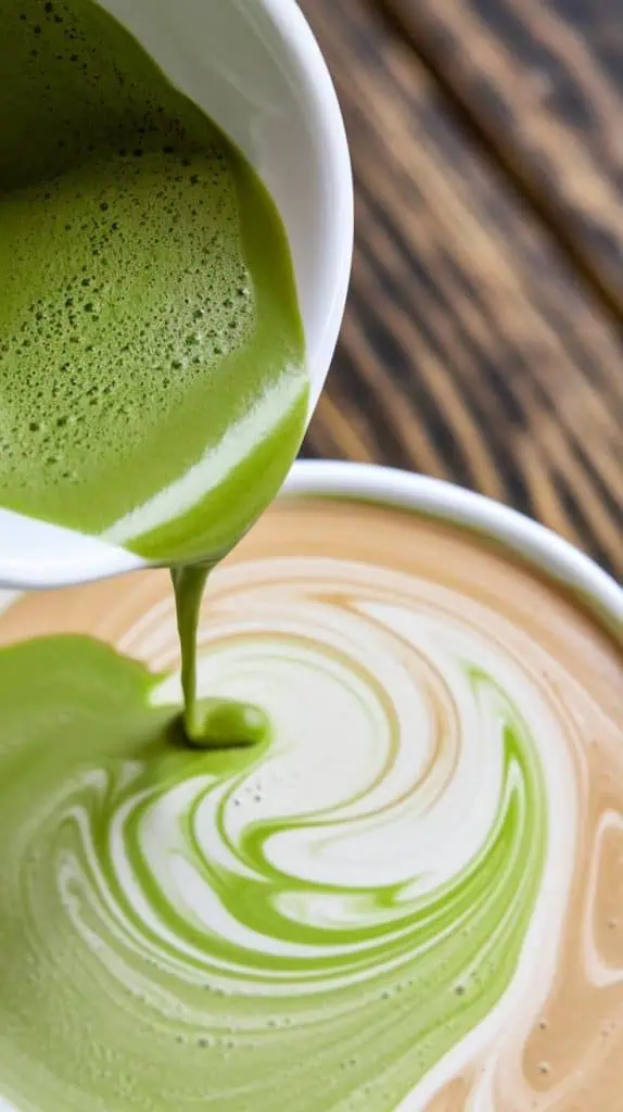 A super close-up, top-down shot of vibrant green matcha being poured over the creamy chai