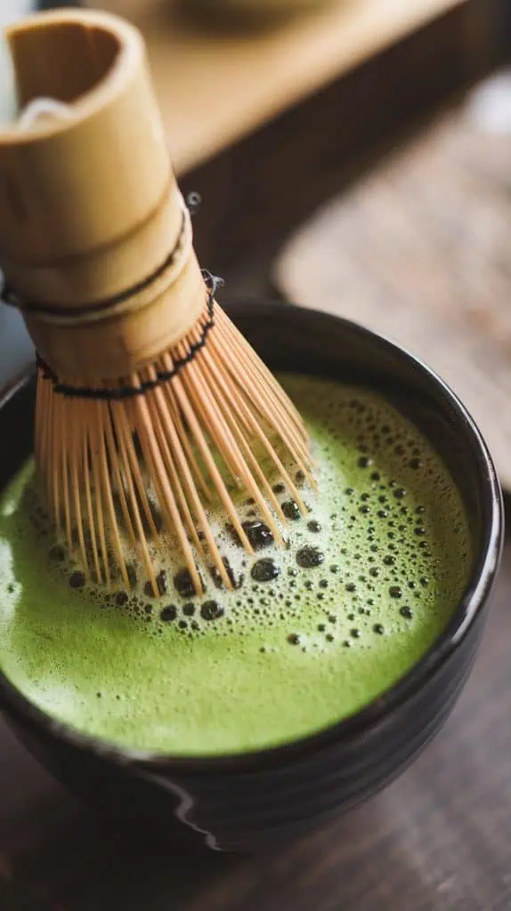A super close-up, top-down shot of a bamboo whisk frothing bright green matcha in a small bowl,