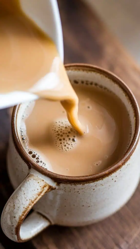  A super close-up, top-down shot of creamy chai-infused milk being poured into a ceramic mug